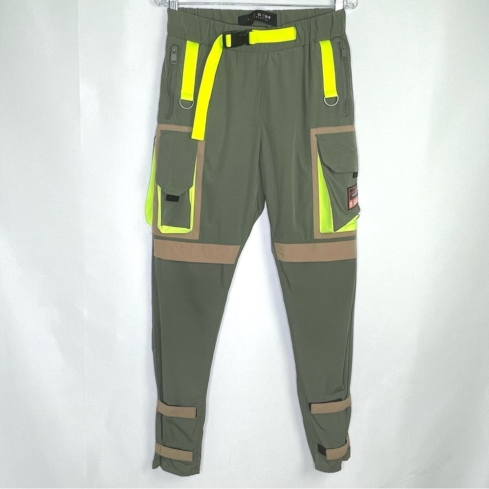 Life Code Progressive Cargo Jogger Pants Olive Green Neon Straps Size Small
